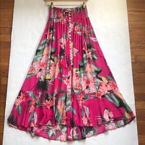 Rachel Zoe NWT Tropical Floral Pink Smocked Waist Full Maxi Skirt Size S